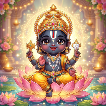 Cute Chibi Lord Vishnu Narayana Sitting on Pink Lotus
