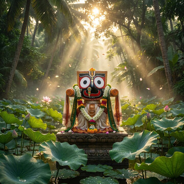 Lord Jagannath Idol in Serene Lotus Pond with Sunbeams
