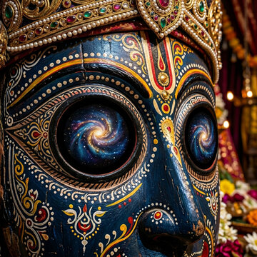 Lord Jagannath Face close up with Cosmic Galaxy Eyes and Gold Crown
