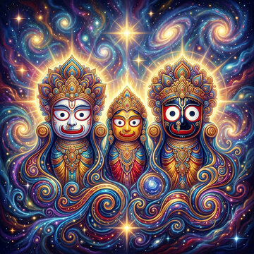 Cosmic Trinity Jagannath Balabhadra Subhadra in Starry Galaxy

