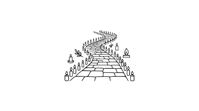 Winding stone path lined with glowing candles and leaves, hand-drawn illustration