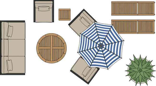 Outdoor patio furniture set top view with sofa chairs table umbrella and plants for architectural floor plan design vector illustration isolated black
