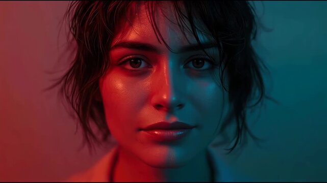 Young woman portrait studio split lighting red and teal cinematic moody expression