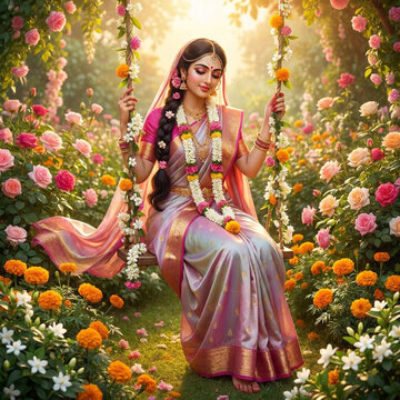 Goddess Radha sitting on a decorated flower swing in a lush rose and marigold garden
