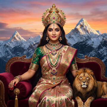 Goddess Durga with her lion vahana sitting on a royal sofa with Himalayan mountains background
