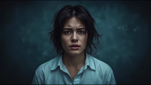 Young distressed woman portrait moody sad introspective distressed worried portrait with tousled