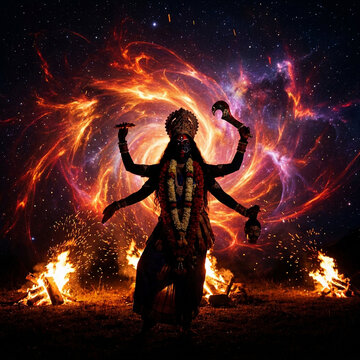 Goddess Kali silhouette with cosmic fire vortex and starry galaxy background during a night ritual
