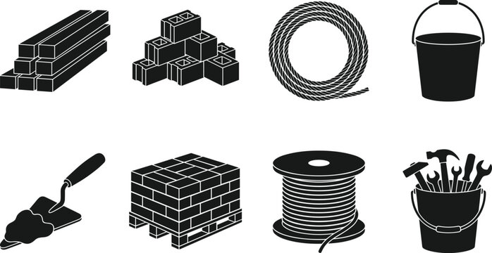 Building supplies and construction materials vector icons set featuring bricks timber lumber and masonry trowel silhouettes