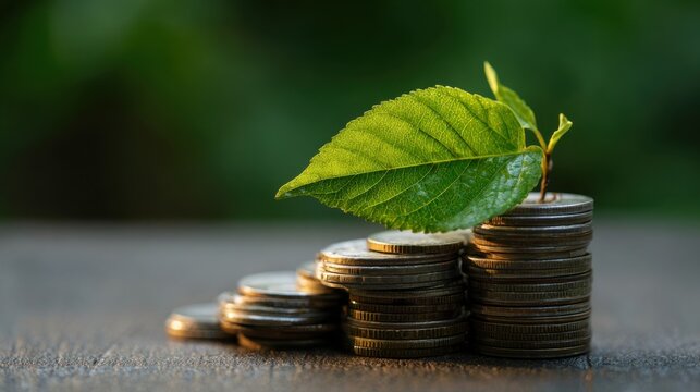 A green plant sprouts from a stack of coins, symbolizing financial growth and investment in nature
