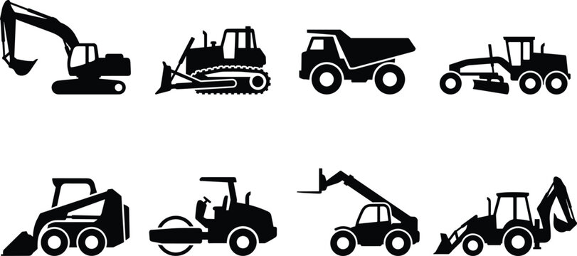 Heavy construction vehicles and earthmoving machinery vector icons set featuring excavator bulldozer and dumper truck silhouettes