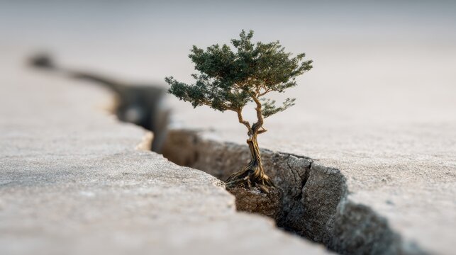 A resilient sapling growing in a crack of dry, barren earth, symbolizing hope and perseverance
