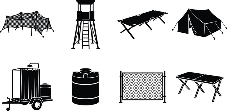 Military camp and outdoor field base vector icons set featuring tactical equipment silhouettes and outpost assets
