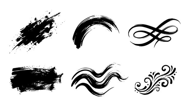 Abstract Black Ink Brush Stroke Vector Set Featuring Grunge Textured Paint Splatters, Dynamic Wavy Linework, and Elegant Calligraphic Swirl Flourishes