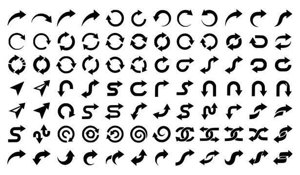 Curved and Circular Black Arrow Icon Vector Set Featuring Rotation, Refresh, Loop, Undo, Redo, and Directional Pointer Symbols for Infographics and UI Layouts