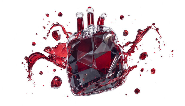 Blood splatter on red heart shape with sharp objects