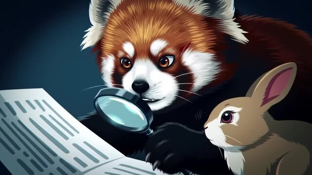 Red panda with magnifying glass investigating with rabbit.