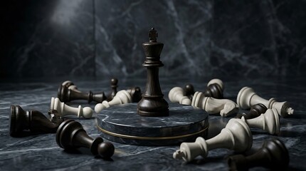Fototapeta premium A solitary black chess king standing tall on a marble pedestal surrounded by fallen chess pieces