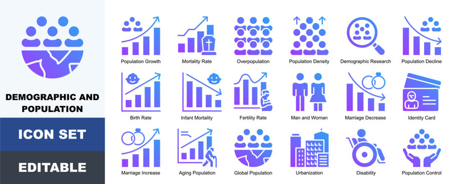 Demographic And Population Icon Pack Featuring Population Growth, Mortality Rate, Overpopulation, Density, Demographic Research, Birth Rate, Infant Mortality and Fertility Rate