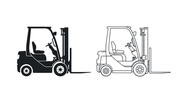 Industrial forklift vector icons, warehouse loader machinery silhouette and line art, heavy duty lifting equipment for logistics and shipping
