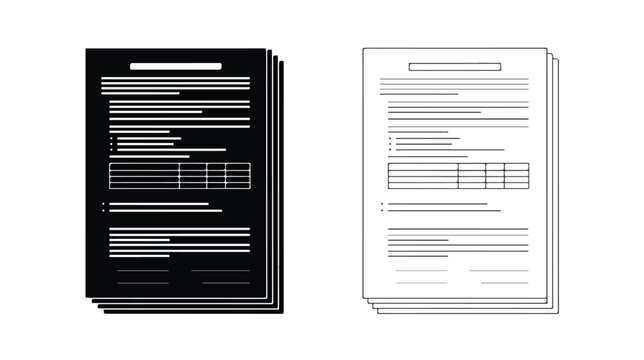 Minimalist document icons set, black and white paper stack vector illustrations, corporate business file symbols for office administration and legal contracts