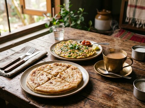 Traditional Bangladeshi Breakfast: Paratha and Tea