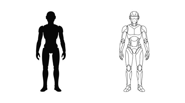 Futuristic humanoid robot silhouette and line art vector, mechanical android character set, robotic man body blueprint for sci-fi gaming and tech