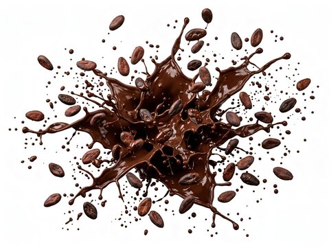 Dark Chocolate Splash with Flying Cocoa Beans Isolated