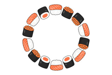 Circular frame of assorted sushi rolls and nigiri with salmon and roe © Abdullah_43