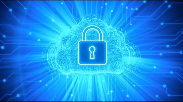 Secure cloud lock symbol glowing over digital circuit background conveying data protection secure