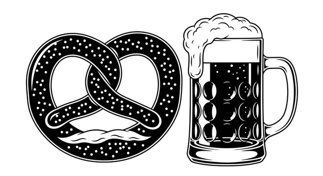 Black and White Oktoberfest Beer Mug and Pretzel Illustration