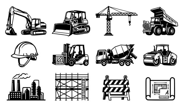 Heavy Construction Machinery and Civil Engineering Site Equipment Vector Icon Set with Excavator, Bulldozer, Crane, Trucks, Factory, Blueprint, and Safety Gear