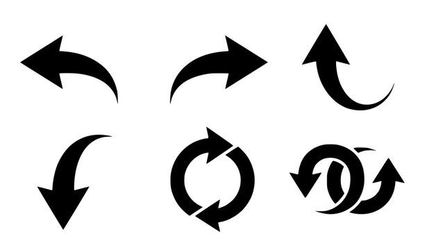 Curved Arrow Black Silhouette Icon Set with Refresh Cycle Loop Reset Undo Redo and Wayfinding Pointers for Digital Web Application Navigation Layouts