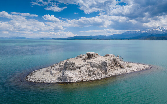 Aerial View of Kubadabad Kiz Kalesi Island and Seljuk Ruins on Beysehir Lake in Turkey