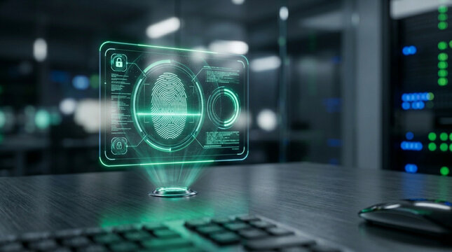 Green holographic fingerprint biometric scanner interface displayed on a desk in a server room data center, showing digital identity verification and cyber security access control.