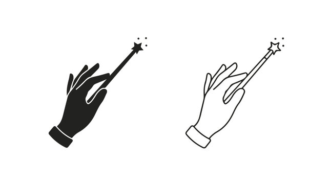 Magic wand held by hand vector icons, mystical magician hand with sparkling star wand, black and white line art of wizard casting spells