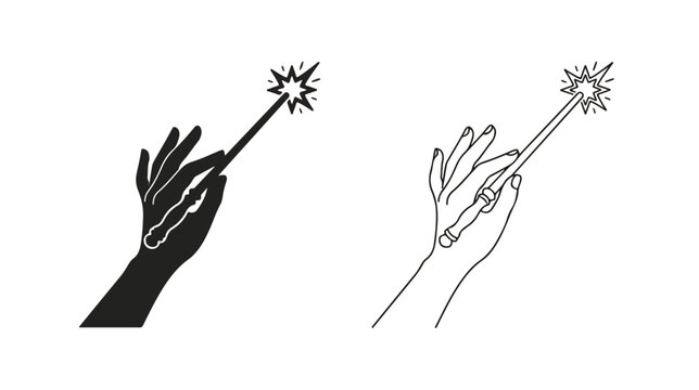 Minimalist magic wand vector icons, hand holding magician wand with sparkles, black silhouette and line art wizardry elements for logo design