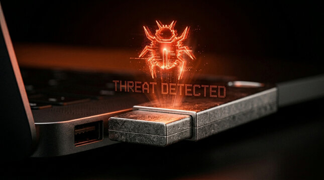 Cybersecurity concept showing a USB flash drive plugged into a laptop with a glowing red holographic bug icon and Threat Detected warning text indicating a malware infection.