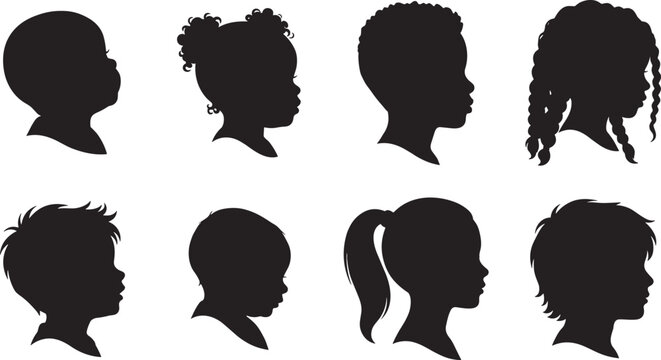 Collection of diverse children head silhouette profiles showing various hairstyles and facial outlines