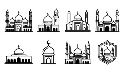 Islamic Mosque Line Art Icon Set with Decorative Crest and Crescent Moon Elements for Ramadan Kareem and Eid Mubarak Holiday Creative Layouts © MD SHAHAG ISLAM