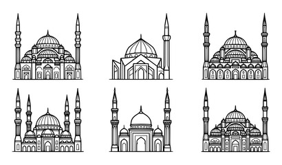 Detailed Islamic Mosque Architecture Line Icon Set with Traditional Minarets and Domes for Ramadan Kareem and Eid Mubarak Holiday Creative Designs © MD SHAHAG ISLAM