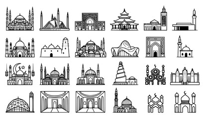 Islamic Mosque Building Line Icon Set with Traditional Architectural Styles Minarets and Domes for Ramadan Mubarak and Eid Holiday Graphic Designs © MD SHAHAG ISLAM