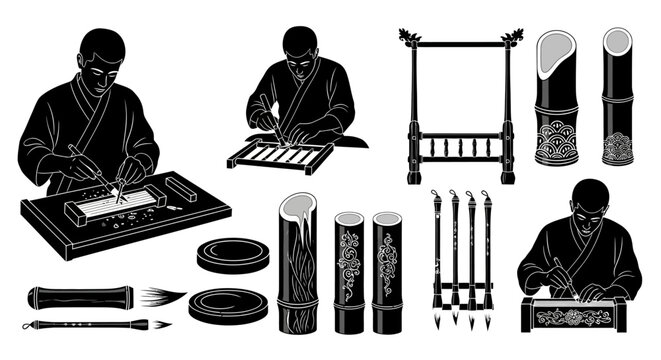 Candle makers craft snuffers and tools in a workshop setting with various equipment.