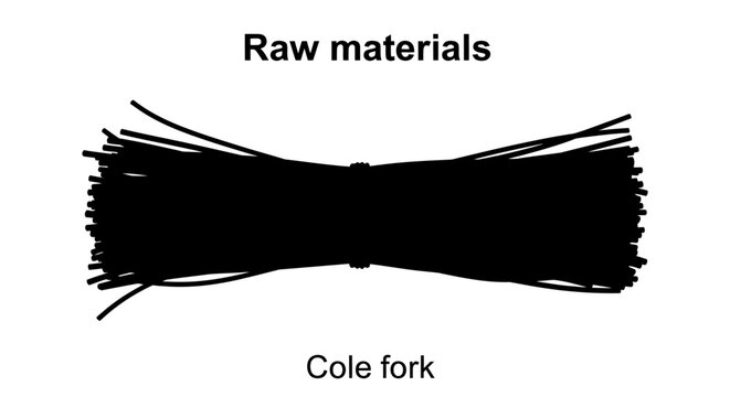 A black illustration of raw materials resembling a Cole fork in a workshop environment viewed from above.