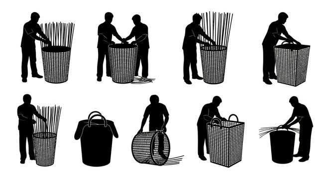 People interact with various baskets in a craft market setting daily.
