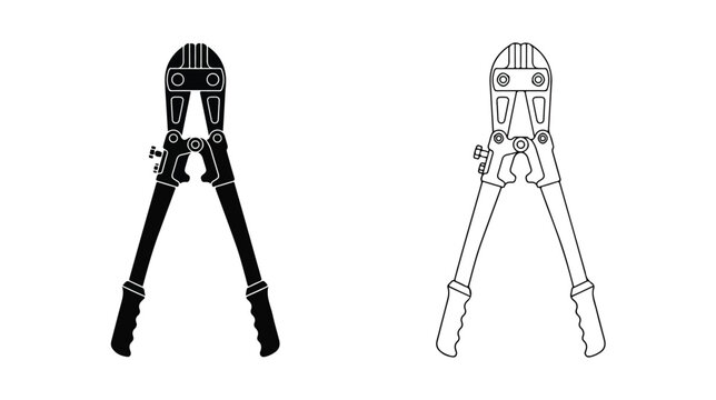 Industrial bolt cutter vector icons, heavy duty wire snips and metal cutting tool set, black silhouette and line art illustrations for hardware shop