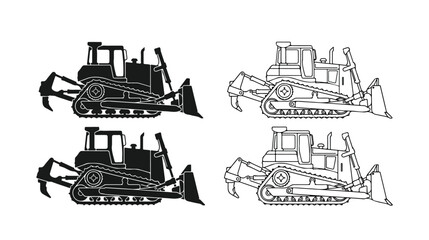 Obraz premium Heavy bulldozer vector silhouette and line art set, industrial crawler tractor icons, construction machinery equipment for earthmoving