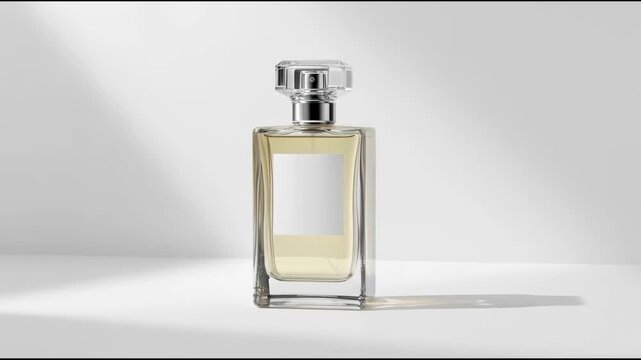 Elegant glass perfume bottle with pale amber liquid and warm glow casting soft shadow minimalist