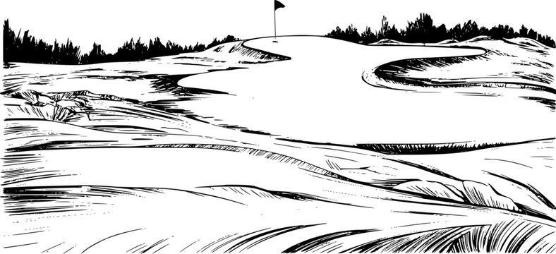 A black and white line of a scenic golf course fairway leading to a green with a flag pole