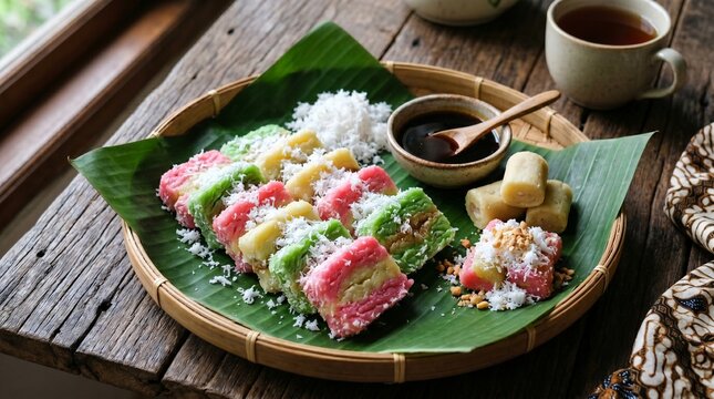 An assortment of traditional Indonesian jajan pasar including tricolor gethuk layered cakes with grated coconut, palm sugar dipping syrup, and hot tea on a bamboo tray.