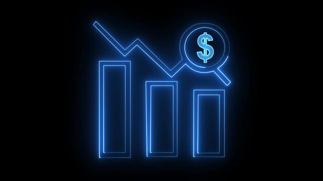 Neon Blue Bar Chart Falling Down with Dollar Sign and Arrow